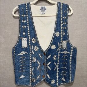 Vtg DD Designs Denim Vest Womens M Embroidered Floral Fishbone Western Boho 80s